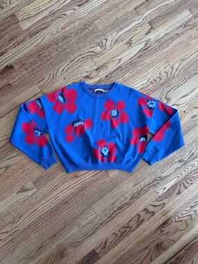 Alice + Olivia Royal Blue Crewneck Sweater with Red Floral Motif